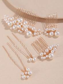 5 Packs Faux Pearl Bead Simple And Fashionable Hair Comb And Hairpin Combination, Daily Hair Decoration, Wedding, Party Hair Accessories - Gold - View 3