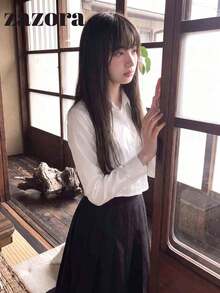 Korean Style Streetwear Girl Academy Slim Fit Flattering Short Waist Long Sleeve Blouse Shirt Summer - White - View 1