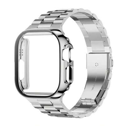 Bộ dây đeo và vỏ đồng hồ thép không gỉ 3 hạt, bộ dây đeo + vỏ đồng hồ doanh nhân cao cấp màu bạc cho nam và nữ. Tương thích với Apple Watch 40mm/44mm/41mm/42mm/45mm/46mm/49mm, cũng như dòng Ultra/SE/S11/S10/S9/S8/S7/S6/SE/S5/S4. Phụ kiện đồng hồ nam, quà tặng du lịch bãi biển mùa hè ngoài trời, trang sức thép không gỉ, quà tặng Ngày của Cha và mùa tốt nghiệp.