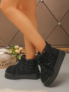 Women's Comfortable Non-Slip Black Lace-Up Warm Thick Sole Snow Boots Slip-On High Platform Thick Sole Boots Fuzzy Lining Warm Women's Boots Autumn/Winter Daily Wear Black Snow Boots - Black - View 5