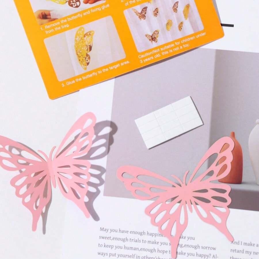20pcs/Pack Pink Butterfly, Indoor Decoration, Decorative Stickers, Butterfly Ornaments - Pink - View 1