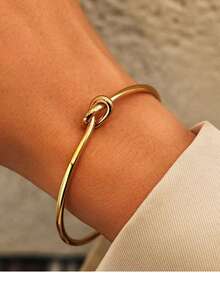 1pc Vintage 18K Gold Plated Knotted Decor Bracelet, Suitable For Women's Daily Wear - Gold - View 2