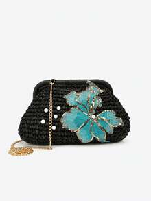 New Chinese Style Retro Straw Shell Bag With Sequin Embellishments, A Versatile Women's Handbag Perfect For Weddings, Banquets, And Outings. - Black - View 9