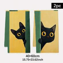 2PCS Cute Peeking Cat Pattern Printed Kitchen Towels 40*60cm Simple Style Rectangular Microfiber Kitchen Towels, Dish Cloths, Tablecloths, Hand Towels, Kitchen Decor, Housewarming Gifts For Neighbors, Perfect For Kitchen And Bathroom Use, Suitable For Housewives And Family Gatherings, High Cost-Performance, Essential Household Item - Green - View 2
