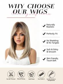 Topshe Ava WIGS 18英吋黑棕色長層次假髮附瀏海，柔軟易造型合成纖維髮，適合女性日常穿著、工作、度假，亦可作為萬聖節與聖誕節女性禮物 - 金色 - 查看 8