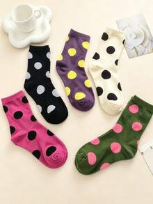 5 Pairs Women's Polka Dot Mid-Calf Socks, Versatile Daily Wear, Retro College Style Casual Socks, Suitable For Everyday Outfits - Multicolor - View 3