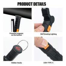 1PC Foldable Magnetic COB Work Light, USB Type-C Rechargeable Multi-Angle Rotation Handheld Inspection Lamp With Strong Base Magnet Mechanic Repair Torch For Auto Garage Engine Maintenance Emergency Lighting - Work Light - View 6