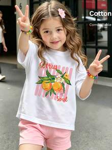 Girls' T-Shirt Featuring Citrus Orange And Blossom Print With Green Leaves, Pink Vertical Stripe Backdrop And 'Citrus Soul' Script - White - View 2