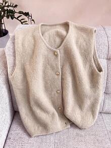 JIANHU Minimalist Knit Vest, Layering Design, Elegant Button Details, Suitable For Autumn/Winter Daily Wear | Warm & Versatile, Suitable For Christmas, New Year Party And Everyday Outfits - Apricot - View 6