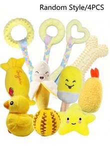 1/4 Set Cute Squeaky Puppy Chew Doll Set, Plush Duck Banana Star Dolls And TPR Teething Ring Bone Ball, Durable Interactive Pull Play Dog Doll Set, Suitable For Small And Medium Dogs, Stimulate Brain And Relieve Boredom, Indoor Pet Birthday Holiday Gift - Multicolor - View 9