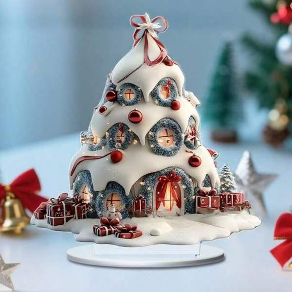 Casa con forma de árbol de Navidad 2D de acrílico, decoración de escritorio para sala de estar, accesorio de montaje para fiestas