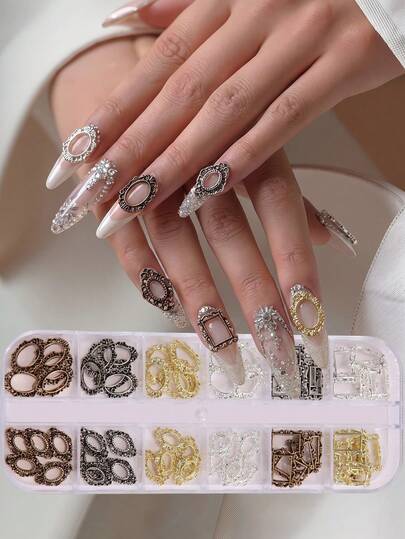 12pcs Vintage Hollow Metal Nail Art Frame Decor, Multi-Color European Carved Mirror Frame Box Set, DIY Wearable Nail Border Decoration Accessories