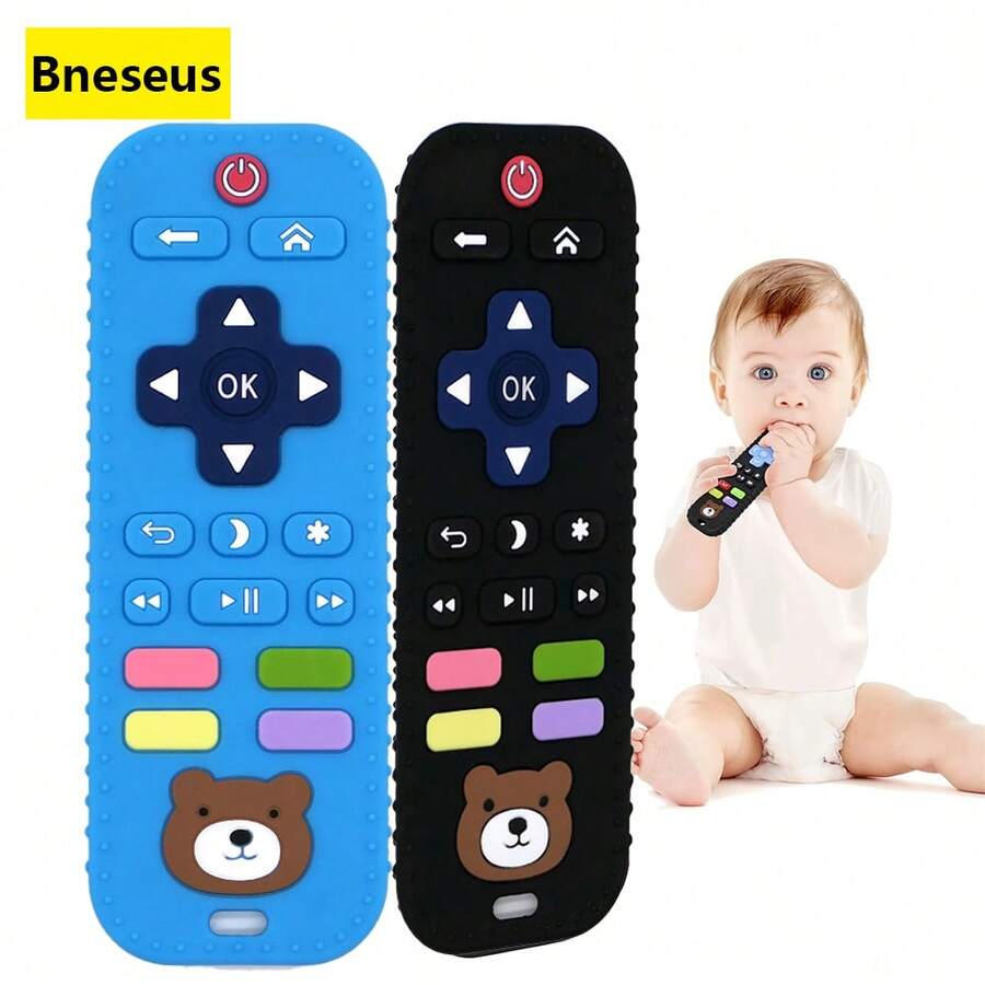 Bneseus 1 件硅胶仿遥控牙胶，卡通熊图案，咀嚼玩具，适合 0-24 个月男婴和女婴，理想的母亲节礼物