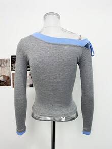 Autumn New Vintage Bow Tie Contrast Color Off-Shoulder Long Sleeve T-Shirt Minimalist Sexy Unique Base Layer Top - Grey - View 8