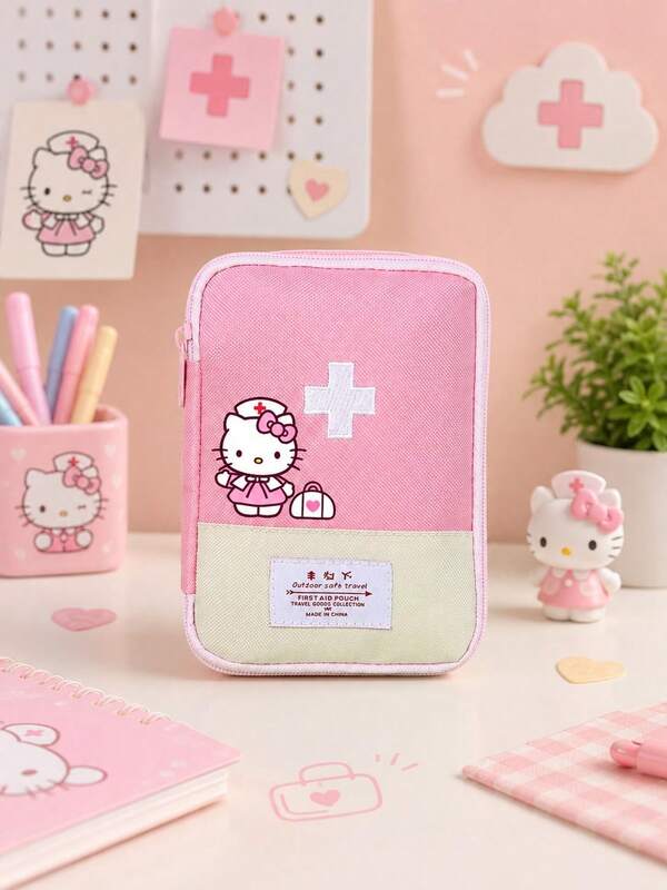 SANRIO 1 pieza Juego de bolsa médica con gráfico de enfermera Hello Kitty, bolsa de almacenamiento de primeros auxilios roja con cremallera, organizador de viaje con múltiples bolsillos para el hogar y exteriores