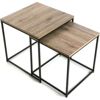 Juego de 2 Mesas Auxiliares Nido Cuatrados de Madera Diseño Industrial Colorado Joya Estructura Metálica Tapa MDF Acabado Roble Metal Negro Autoensamblaje