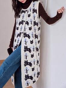 Cardigan Panjang Wanita Kasual Minimalis dengan Motif Kartun Lucu, Musim Gugur/Musim Dingin - Krem - View 4