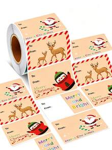 Christmas Gift Name Label Stickers Roll, Christmas Pattern Santa Claus Reindeer Penguin Self-Adhesive Gift Labels, Writable To/From Stickers, Used For Holiday Packaging Envelope Decoration, Holiday Gift Packaging Envelopes - A - View 2