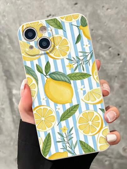1pc Ins Style Fresh Lemon Flower Leaf Classic Minimalist Striped Pattern Perforated Anti-Drop Phone Case Compatible With IP17pro/17Air/17/17promax16/11/16pro/16plus/16promax/16e/15Promax/13/14/12/XS/XR/7G/8P, Compatible With Samsung S25/S25PLUS/S25 Ultra/A16/A36/A26/A56/A50/A12/A32/A52/A72/A51/A21S/A13/A14/S24/S24PLUS/S24Ultra, S22/A52/A53/A54/A55S23/Compatible With Xiaomi 11/12Pro/12/12X/13Pro/14Pro/15Pro 10/9/Note9/12c/Note11pro/Note8Pro Anti-Drop Phone Protective Case