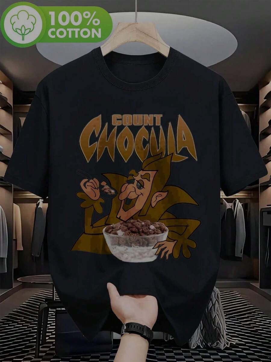 Camiseta Gráfica Retro de Cereal Mills & Boo para Hombre - Diseño Vintage de Desayuno Nostálgico de 180 g con Estampado Inspirado en Count Chocula, Manga Corta, Cuello Redondo, Casual y para - Negro - Ver 1