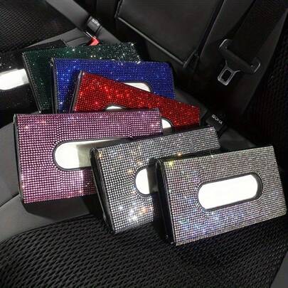 1pc [Shiny Rhinestone Box]Rhinestone Car Sun Visor Tissue Box - Shiny Car Interior Decoration - Shiny Seat Back Tissue Storage Bag Napkin Holder