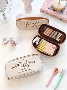1pc Girls' Niche Design Stationery Bag, Ins Style Bear & Rabbit Pencil Case, Soft Cute Cartoon Bear & Rabbit Pattern With Fun Eng, First Day Of School - Multicolor - View 3