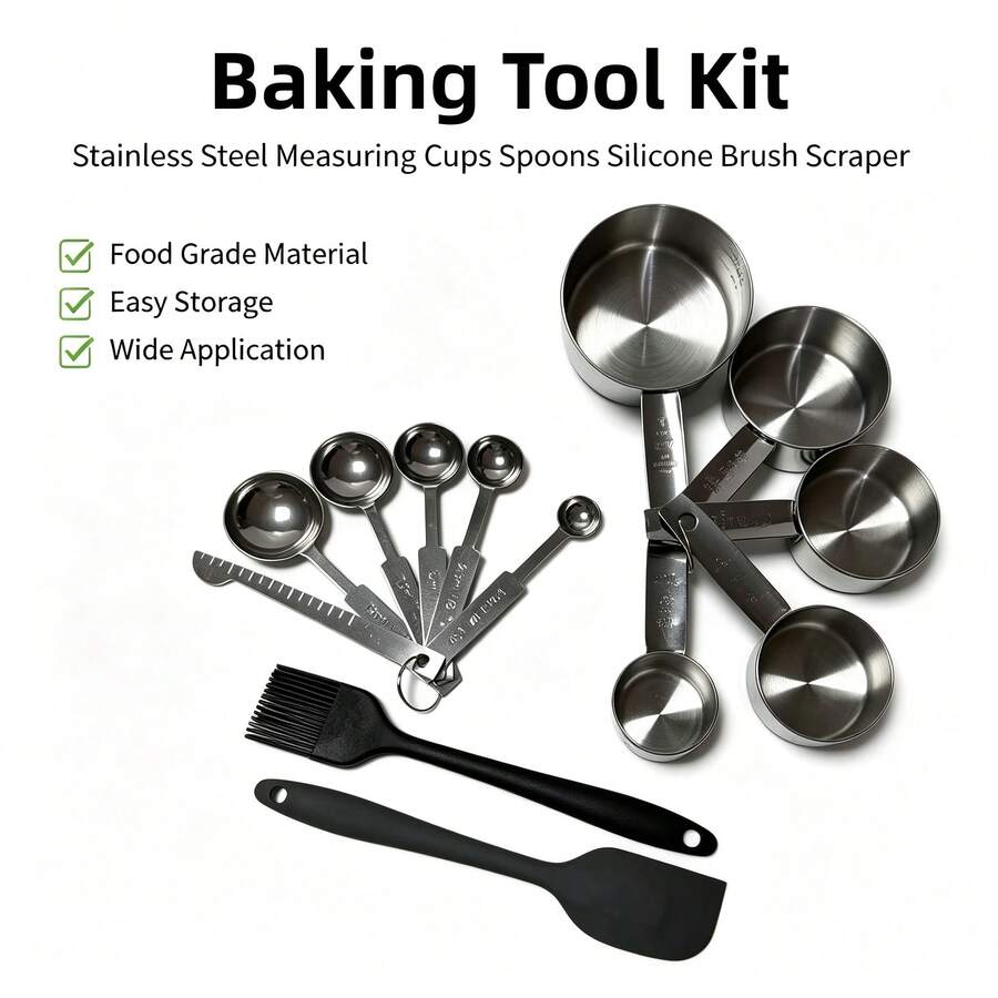 Juego de 13 piezas de tazas y cucharas medidoras de acero inoxidable, con raspador y cepillo, apilables, fáciles de limpiar, herramientas de medición para hornear, adecuadas para cocinar y hornear, café - Plateado - Ver 1