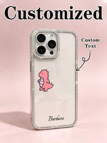 1pc Fashionable Four-Sided Rhinestone Transparent Phone Case, Small Dinosaur Pattern, Customizable Name, Electroplated Silver Luxury Rhinestone Transparent Phone Case, Suitable For IPhone 16e/17 Pro Max/15 Pro Max/14 Plus/13 Pro And Other Models, Perfect As A Gift For Friends - Silver - View 1