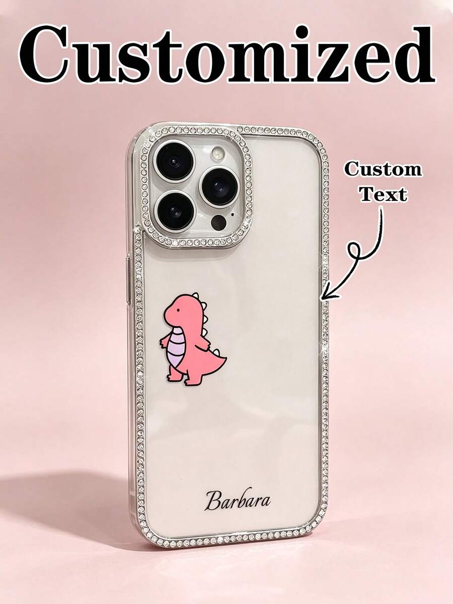 1pc Fashionable Four-Sided Rhinestone Transparent Phone Case, Small Dinosaur Pattern, Customizable Name, Electroplated Silver Luxury Rhinestone Transparent Phone Case, Suitable For IPhone 16e/17 Pro Max/15 Pro Max/14 Plus/13 Pro And Other Models, Perfect As A Gift For Friends - Silver - View 1