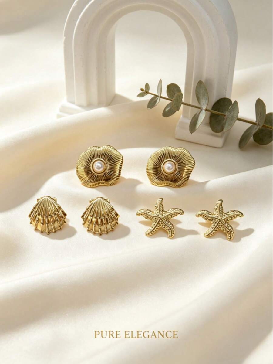 French Ins Style College Girl Gentle Soft Multi-Style Stud Earrings, Glossy Twisted Rope Wreath, Spiral Sun, Scallop, Polished Metal Texture, Daily Luxury Jewelry Comfortable For All-Day School Wear, Accessories Can Be Worn Individually Or Paired With Necklace, Bracelet, Pendant For Affordable Outfit, Suitable For Beach Vacation, Campus Daily, Wedding Banquet, Back To School Season Gift, Wedding Season Gift - Multicolor - View 1