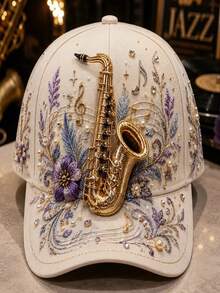 1pc Women's 3D Floral Baseball Cap, Music Theme Note Print Pearl Rhinestone Adjustable Sun Hat, Vintage Music Festival Style Baseball Cap - Multicolor - View 5