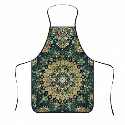 1pc Gilded Turquoise Mandala Print Apron, Featuring Exotic Vintage Mandala Pattern, Durable Cooking Apron Suitable For Bakers, Cake Decorators, BBQ Enthusiasts, Gardeners, Painters, Nail Artists - Perfect Gift For Home And Professional Chefs