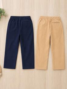 2pcs/Set Young Boys Casual Elastic Waist Pocket Long Pants, Button Decor, Pocket Knot, Faux Back Pocket Design, Solid Color Versatile Basic Style, Suitable For Daily, School, Party, Vacation Travel - Multicolor - View 2