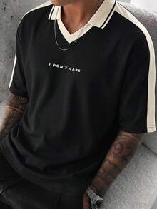 Men's Summer Versatile Fashion Contrast Color Minimalist English Letter Print Crew Neck Loose Short Sleeve T-Shirt - Black - View 4
