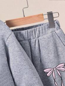 Girls' Letter Print Warm Hoodie And Sweatpants - Grey - View 4