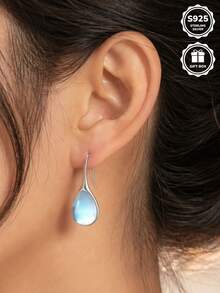 1pc Cool Blue Light Teardrop Synthetic Moonstone S925 Sterling Silver Earrings, Perfect For Daily Wear And Anniversary Gift, Comes With Gift Box. - Silver - View 4