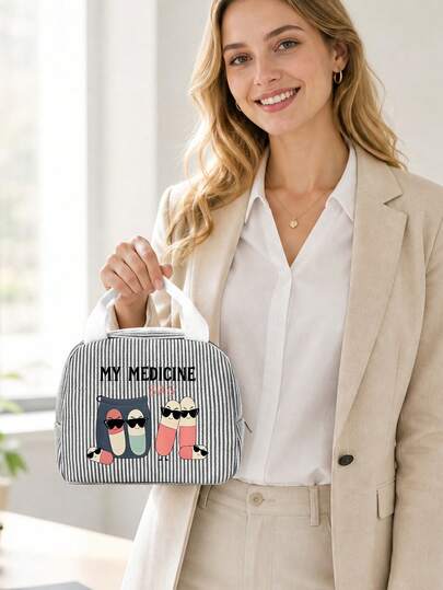 Cute Pill Pattern Teacher Lunch Box Bag, Striped Portable Lunch Bag, Reusable Insulated Lunch Box, Large Capacity Insulated Cooler Bag, With Pill Storage Box, Suitable For Work, Travel Or As A Gift Or Beach Supplies, Suitable For Work, Travel, Hiking, Picnic, Educators, Tutors And Mentors' End Of School Year And Graduation Gifts, Large Capacity Travel Makeup And Toiletry Storage Organizer Designed For Female Teachers, Back To School Season, Opening Season, Halloween, Christmas, Teacher's Day Gifts