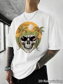 Men's Retro Tropical Sunset Skull Print Oversized Short Sleeve T-Shirt, Casual Hip Hop Street Style Loose Crew Neck Tees, Summer Fashion Comfortable C - White - View 2