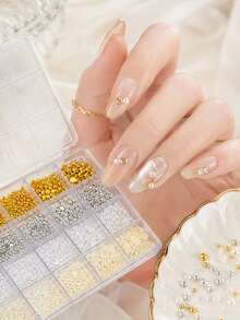 Nail Art Decoration Stickers, Black & White Polka Dot Pearl & Rhinestone Nail Decals, Boxed Accessories - Multicolor - View 5