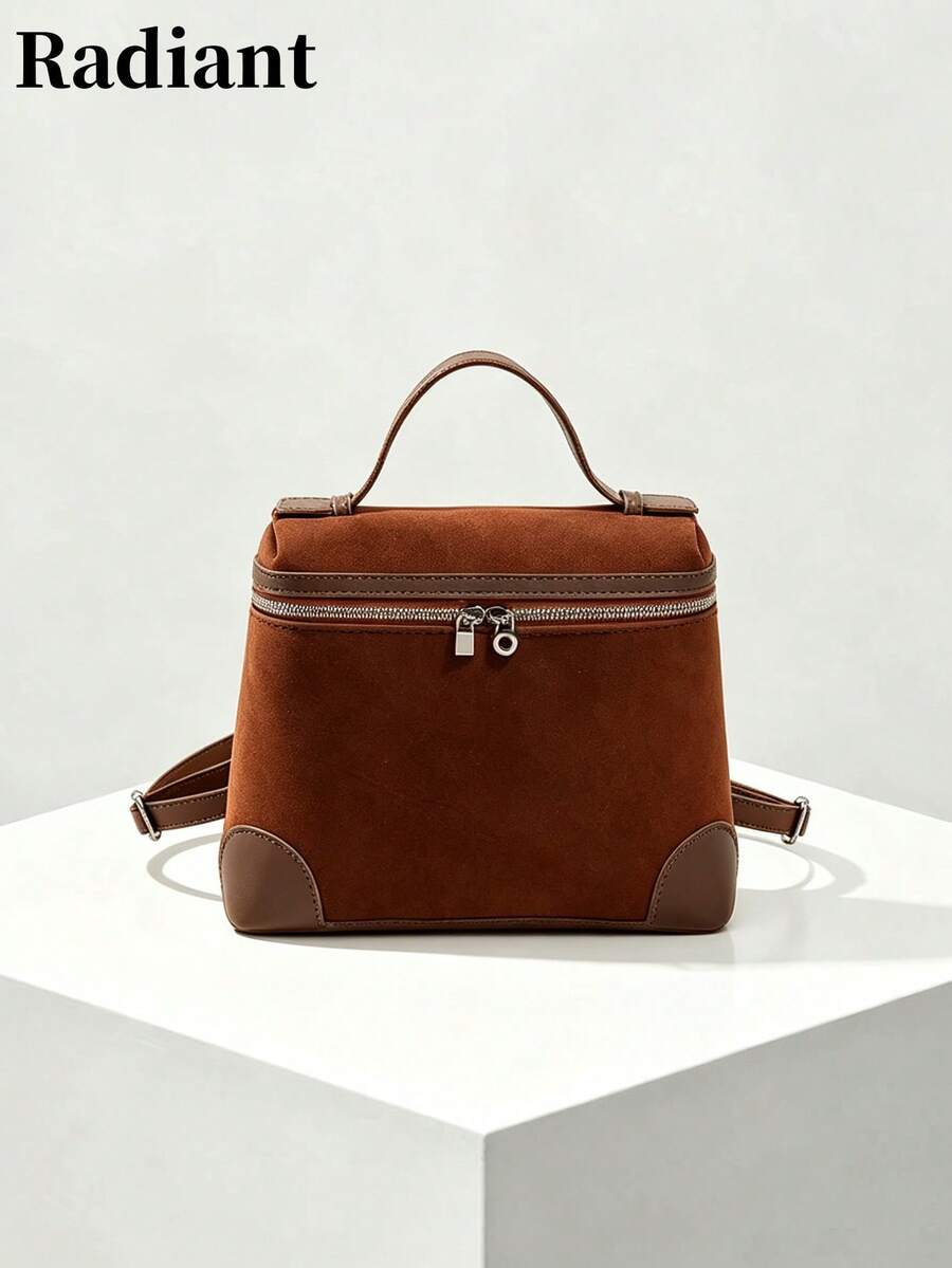 Women's Suede Top Handle Backpack, Adjustable Shoulder Strap, Vintage Casual Style, Multi-Functional, Suitable For Daily Office And Travel