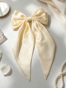 1pc Solid Color Satin Hair Clip With Ribbon Streamers And Large Bowknot, Versatile Hair Accessory For Women Valentine's Day Claw Clips Hair Claws Hair Barrettes, School Stuff, Elegant, College, Winter Outfit For Women, Bows, Cute, Hair Accessories, Head Accessories, Hairpin - Yellow - View 10