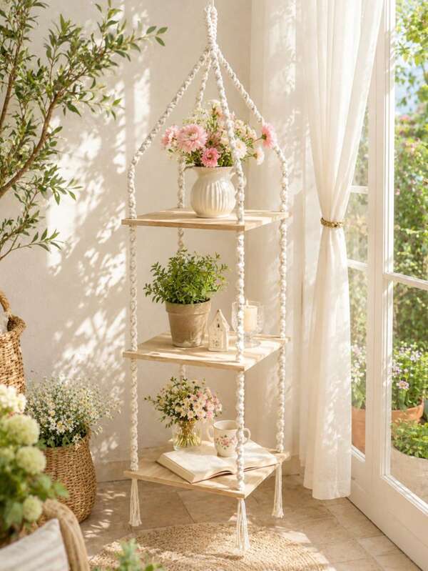 1pc Hanging 3-Tier Rope Storage Rack, Bohemian Style Floating Shelf, Wall Display Rack, Plant Stand, Suitable For Green Plants, Books, Photos, Pastoral Country Style, Living Room, Bedroom, Outdoor Home Decor