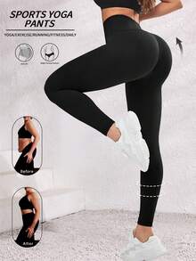 1件女款高腰收腹緊身褲，彈性布料，可機洗，黑色瑜伽運動褲，秋季款 - 黑色 - 查看 4