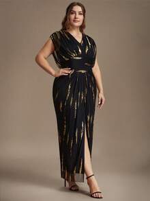 EVERPRETTY Plus Size Elegant Luxury Sequin Embroidered Batwing Sleeve Slit Bodycon Dress Formal Evening Gown For Gala Party And Mother Of The Bride - Multicolor - View 6