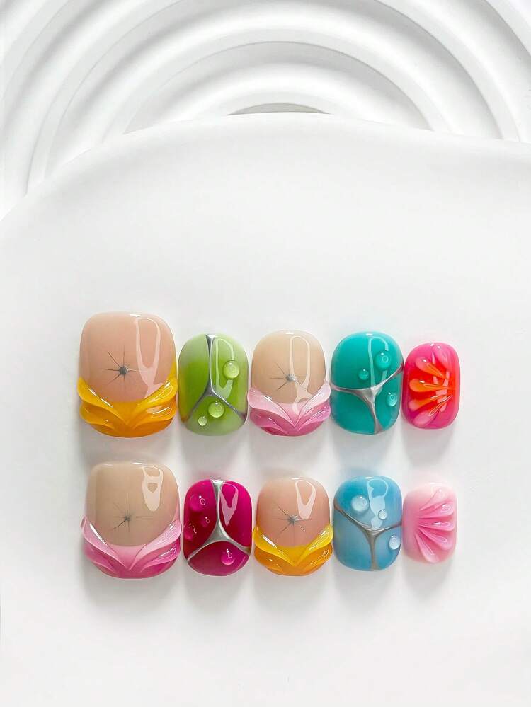 10pcs Soothing Macaron Style Handmade Press-On Nails, Polygel Nail Art Set, Water Drop Design, Pink & Blue Nail Polish Color, Transparent Starry Sky Lightweight Style, Includes Nail Tools, 3 Sizes Available, Square/Short Square/Almond Shape, Suitable For Party, Dancing, Daily Wear - Multicolor - View 16