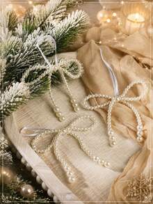 12/6/1pc Elegant Faux Pearl Bow Christmas Tree Hanging Ornament Pendant, Holiday Party Home Decor, Holiday Season Accessory, White Pearl Bow Pendant, Winter Theme Decoration, Room Accent Ornament - Multicolor - View 3