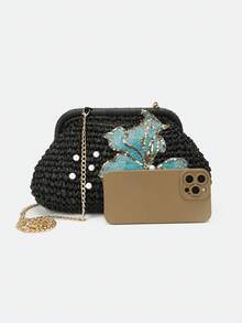 New Chinese Style Retro Straw Shell Bag With Sequin Embellishments, A Versatile Women's Handbag Perfect For Weddings, Banquets, And Outings. - Black - View 3