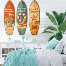 3pcs Large 15.7 Inch Vintage Surfboard Sign, Summer Flip Flop Surfboard Sign, Rustic Summer Style Decor, Suitable For Home Yard/Bathroom/Garden Pool Hanging - Multicolor - View 1