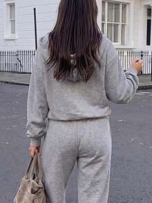 Women's Fashion Grey Knit Zip-Up Long Sleeve Hoodie - Grey - View 2