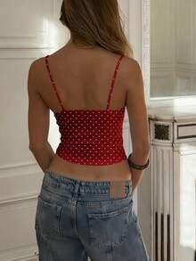 Women Polyester Polka Dot Spaghetti Strap Tank Tops Y2K Fairycore Lace Trim Corset Camisole V Neck Slim Cami Tops Cute Crop Tops Summer Going Out Top - 紅色-白色波點 - 查看 3